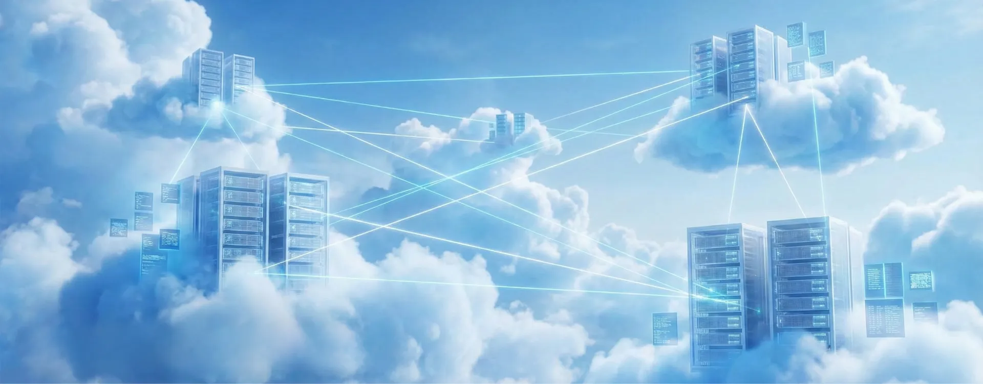 Cloud Computing — abstract digital clouds with interconnected data streams