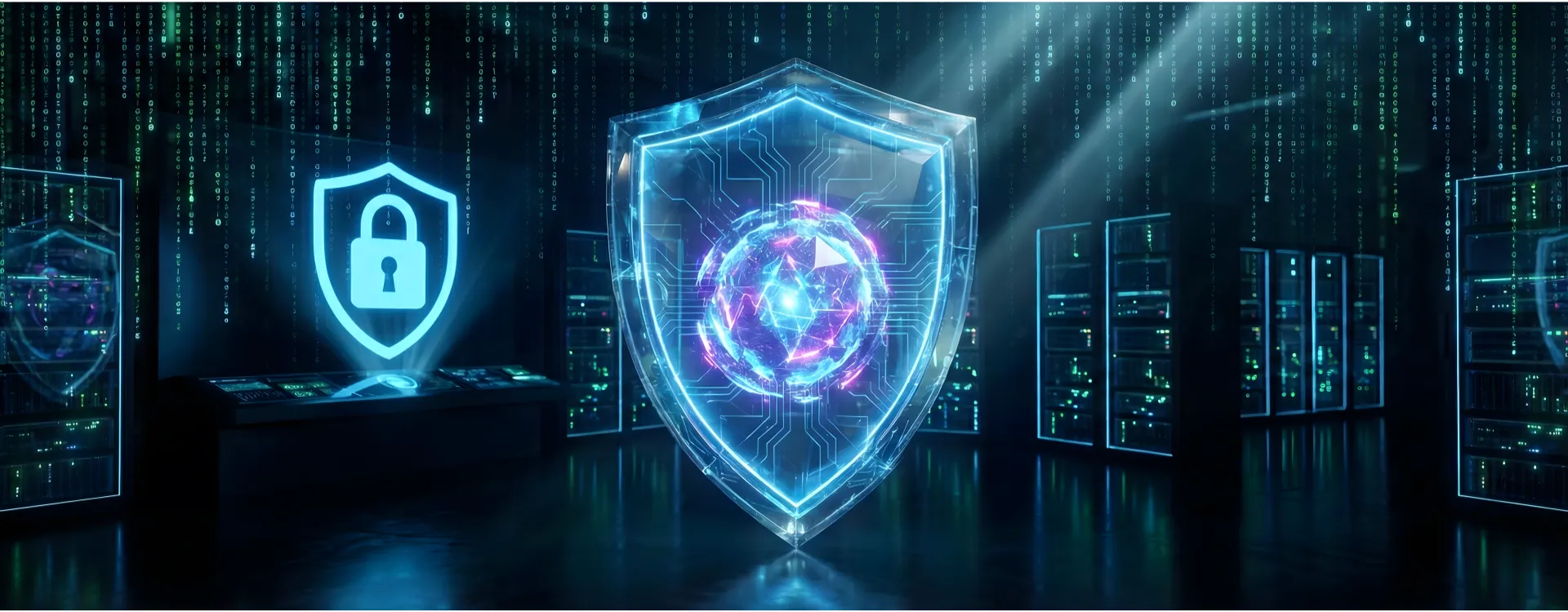 Cybersecurity Solutions — abstract visualization of a digital shield protecting a network