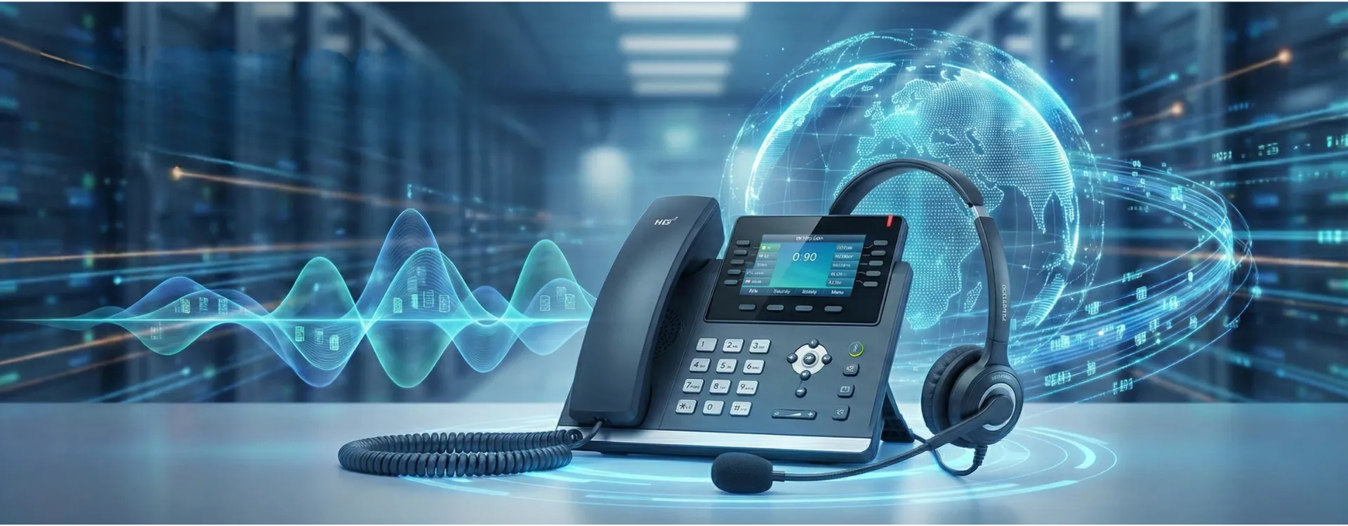 IP PBX & Call Center — a customer service agent wearing a headset in a modern call center
