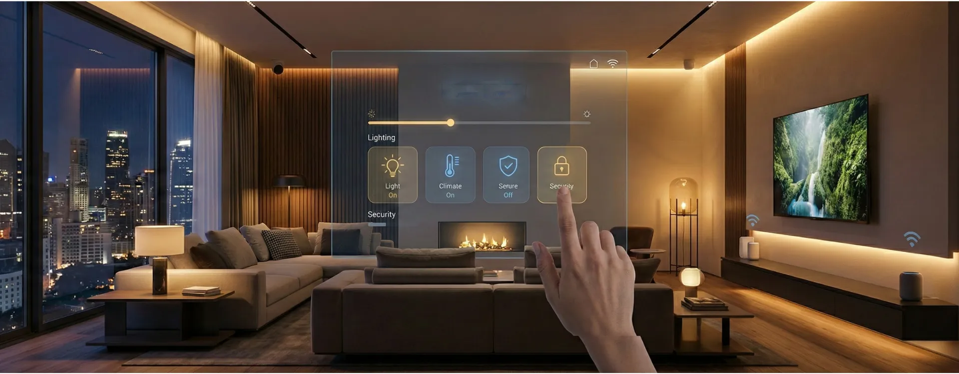 A modern, automated smart home living room