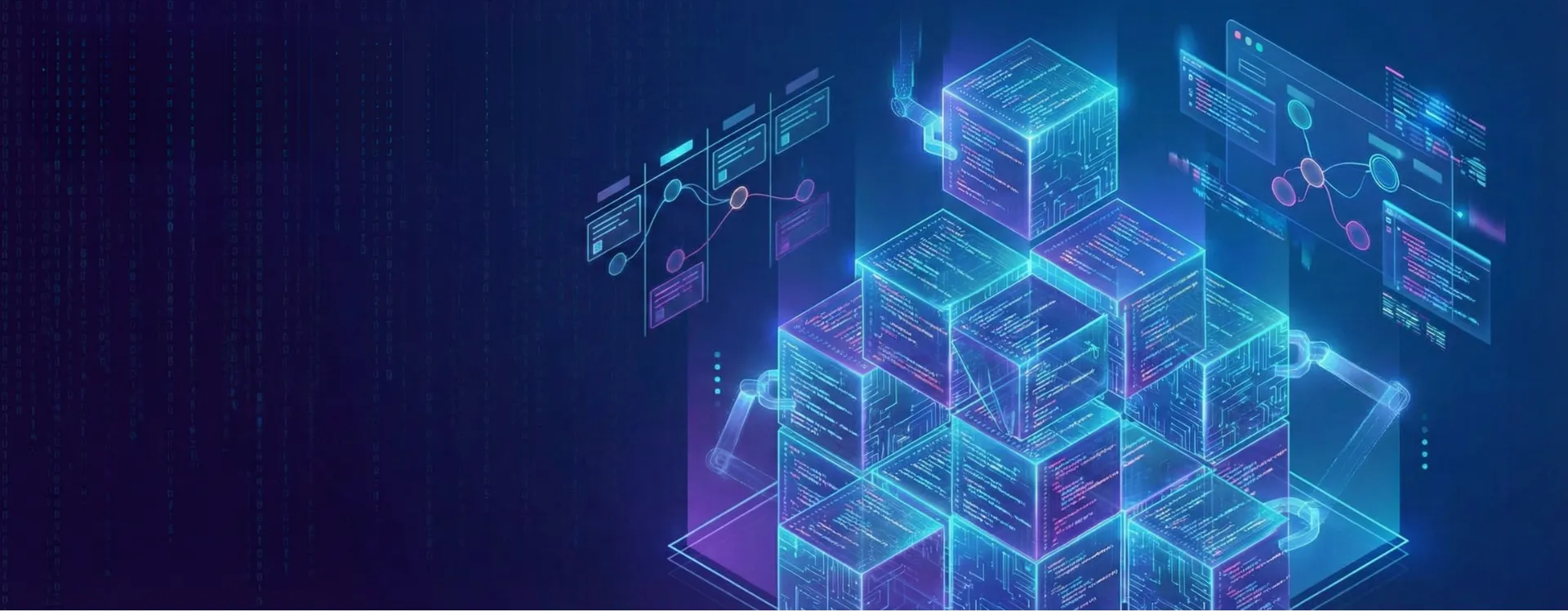 Custom Software Development — lines of code on a screen with architectural diagrams overlaid