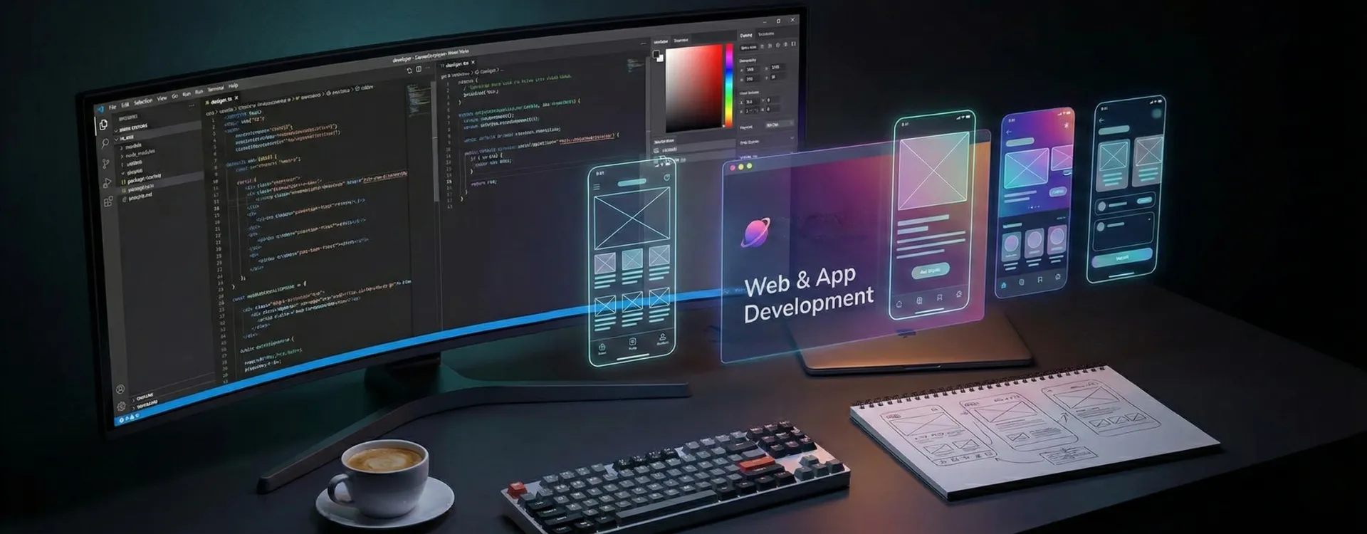 Web & App Development — a developer coding on a modern computer setup with UI elements